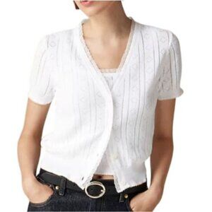 NWT J.Crew Sz L White Pointelle Short-Sleeve V-Neck Cardigan Ultra-Fine Cotton